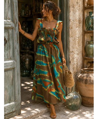 Vestido largo chocolate con estampado en turquesa y mostaza