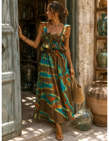 Vestido largo chocolate con estampado en...
