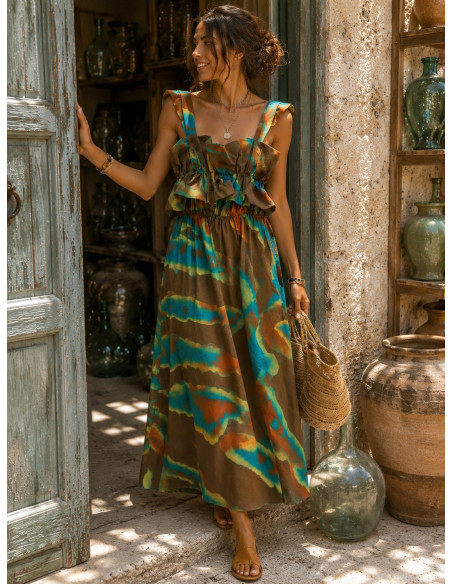 Vestido largo chocolate con estampado en turquesa y mostaza