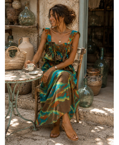 Vestido largo chocolate con estampado en turquesa y mostaza 2