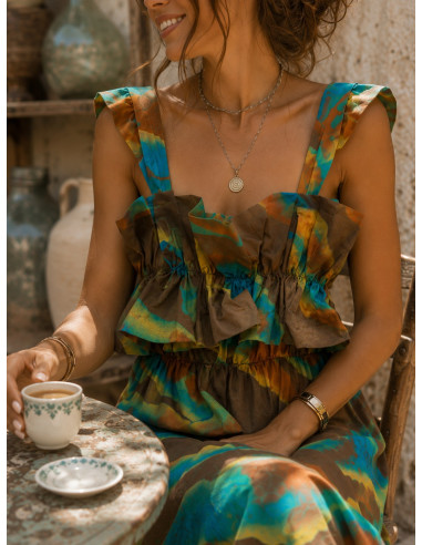 Vestido largo chocolate con estampado en...