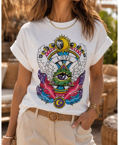 Camiseta Blanca con Estampado de Ojo, Sol y Luna 🌞🌙