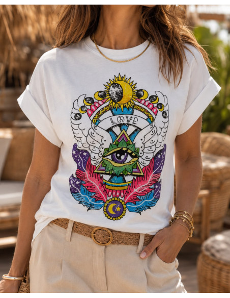 Camiseta Blanca con Estampado de Ojo, Sol y Luna 🌞🌙