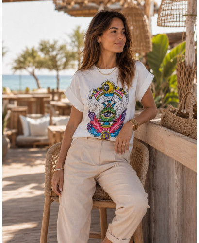 Camiseta Blanca con Estampado de Ojo, Sol y Luna 🌞🌙 2