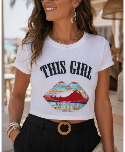 Camiseta corta labios lentejuelas