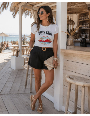 Camiseta corta labios lentejuelas