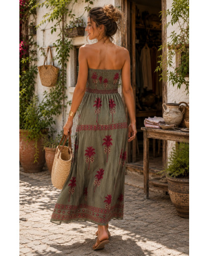 Vestido Palabra de Honor verde con palmeras 2