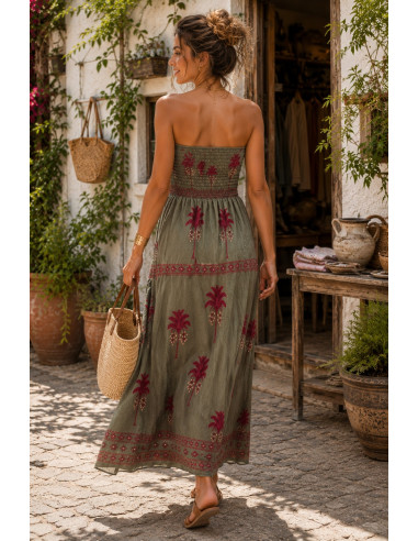 Vestido Palabra de Honor verde con palmeras