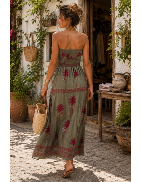 Vestido Palabra de Honor verde con palmeras