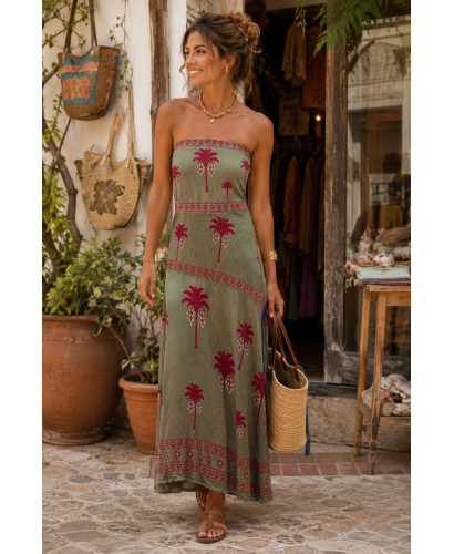 Vestido Palabra de Honor verde con palmeras