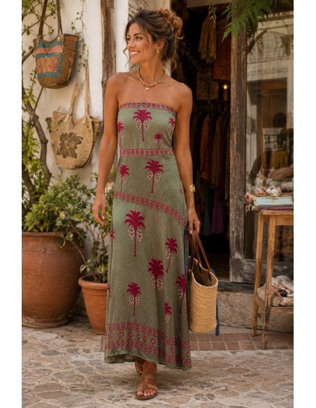 Vestido Palabra de Honor verde con palmeras