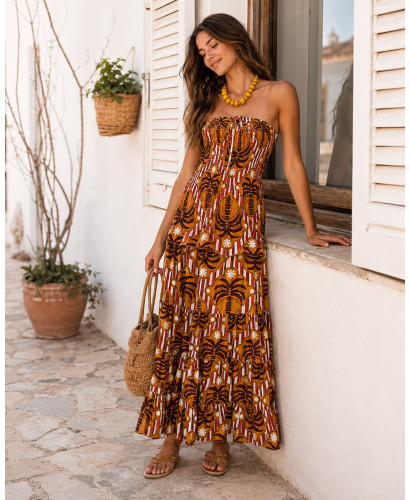 Vestido Largo Palabra de Honor con Nido de Abeja mostaza