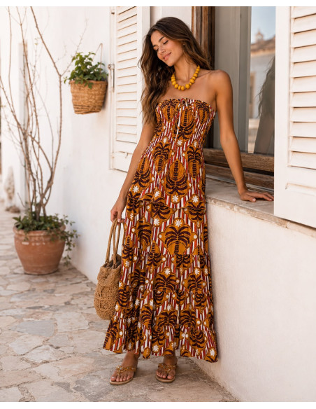 Vestido Largo Palabra de Honor con Nido de Abeja mostaza
