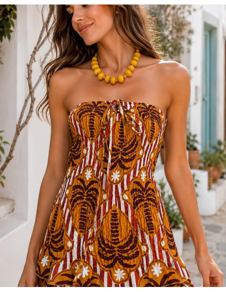 Vestido Largo Palabra de Honor con Nido de Abeja mostaza
