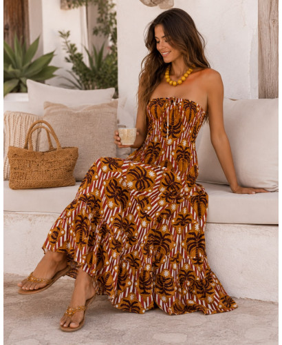 Vestido Largo Palabra de Honor con Nido de Abeja mostaza 2
