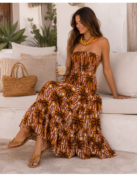 Vestido Largo Palabra de Honor con Nido de Abeja mostaza