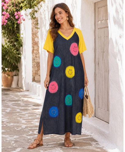 Vestido Denim con Emoticonos y Mangas Amarillas