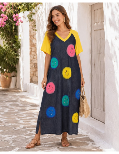 Vestido Denim con Emoticonos y Mangas Amarillas