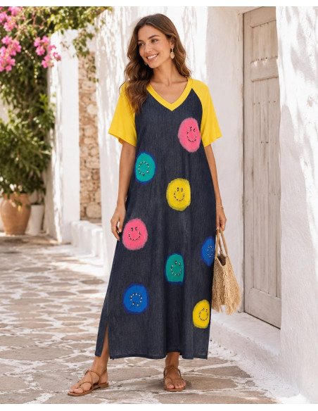 Vestido Denim con Emoticonos y Mangas Amarillas