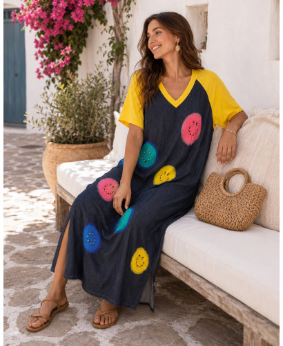 Vestido Denim con Emoticonos y Mangas Amarillas 2
