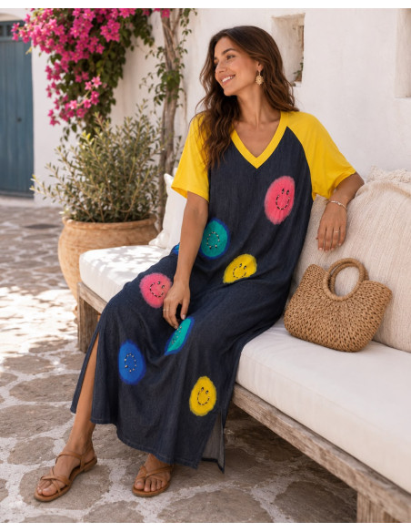 Vestido Denim con Emoticonos y Mangas Amarillas