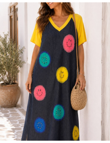 Vestido Denim con Emoticonos y Mangas Amarillas