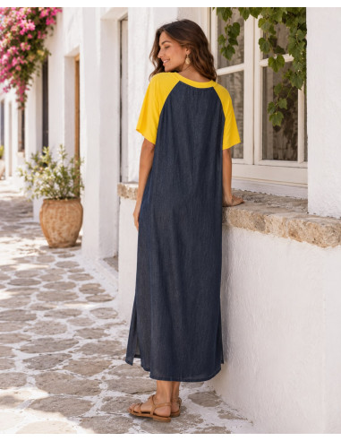 Vestido Denim con Emoticonos y Mangas Amarillas