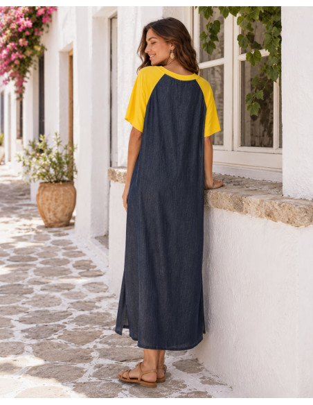 Vestido Denim con Emoticonos y Mangas Amarillas