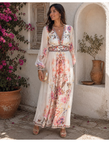 Vestido Largo Romántico en Gasa con Estampado...