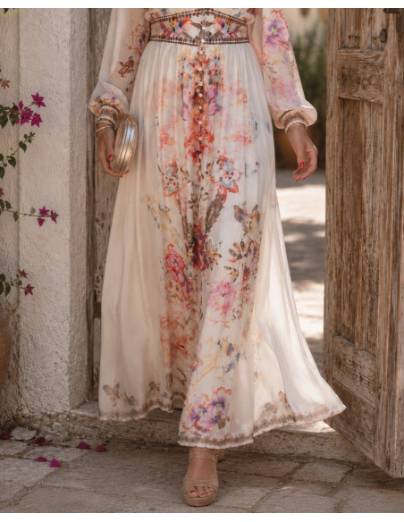 Vestido Largo Romántico en Gasa con Estampado Floral