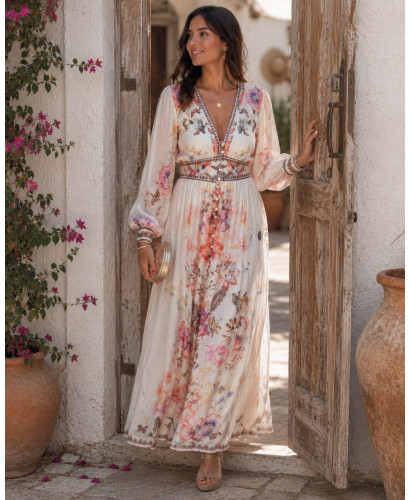 Vestido Largo Romántico en Gasa con Estampado Floral