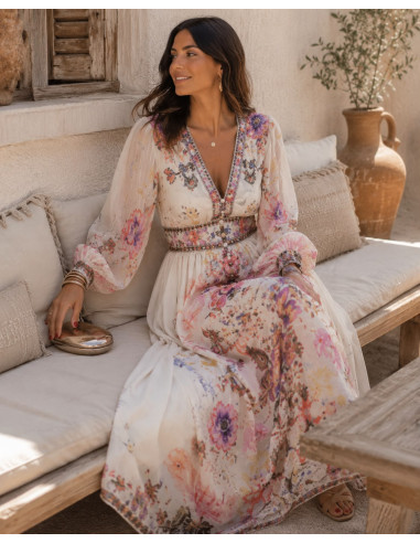 Vestido Largo Romántico en Gasa con Estampado...