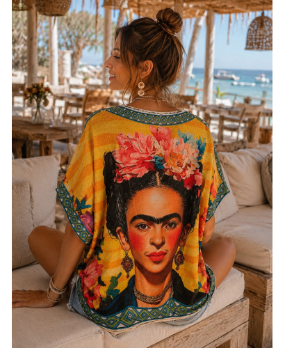 Suéter de punto con brillo y estampado artístico Frida Kahlo