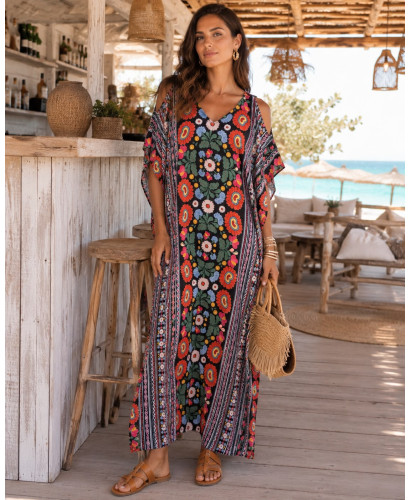 Kaftán largo estampado boho con escote de pico