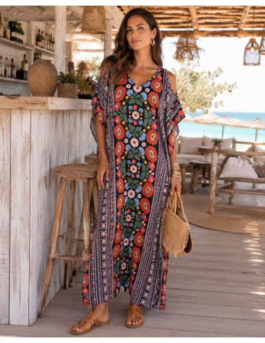 Kaftán largo estampado boho con escote de pico