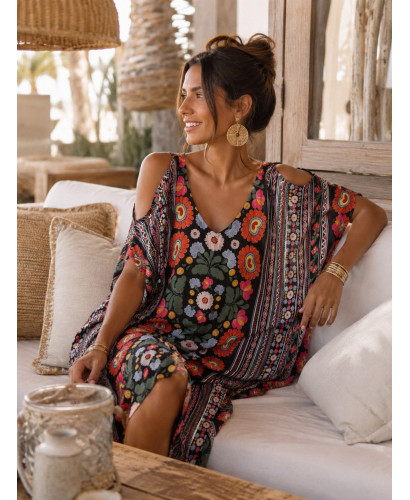 Kaftán largo estampado boho con escote de pico 2