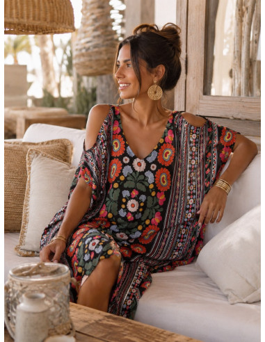 Kaftán largo estampado boho con escote de pico
