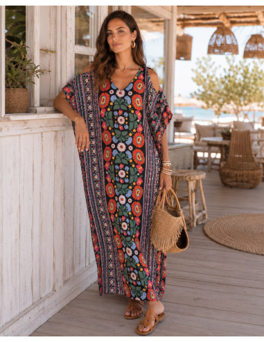 Kaftán largo estampado boho con escote de pico