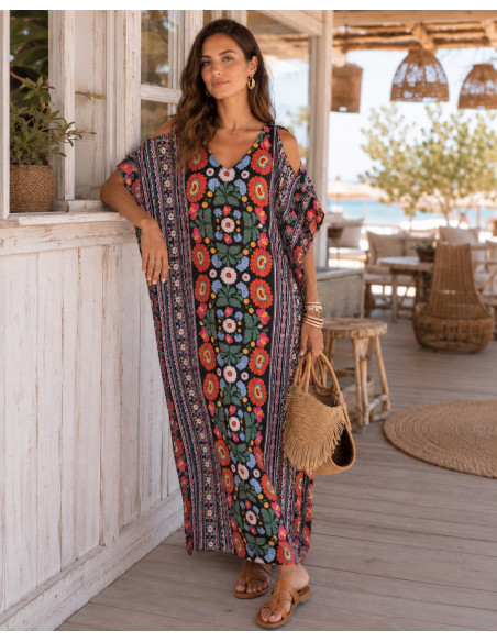Kaftán largo estampado boho con escote de pico