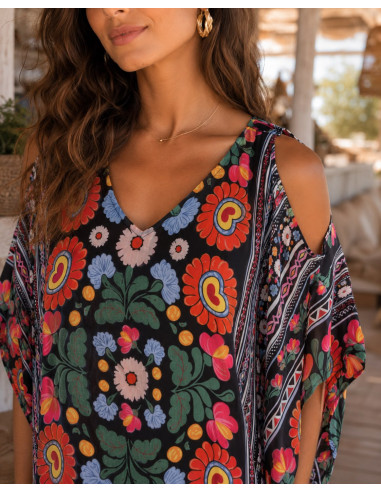 Kaftán largo estampado boho con escote de pico