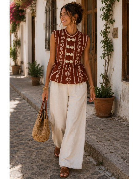 Blusa de lino marrón con dibujo en crudo