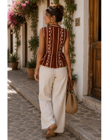 Blusa de lino marrón con dibujo en crudo