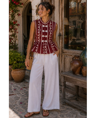 Blusa de lino granate con dibujo en blanco 2