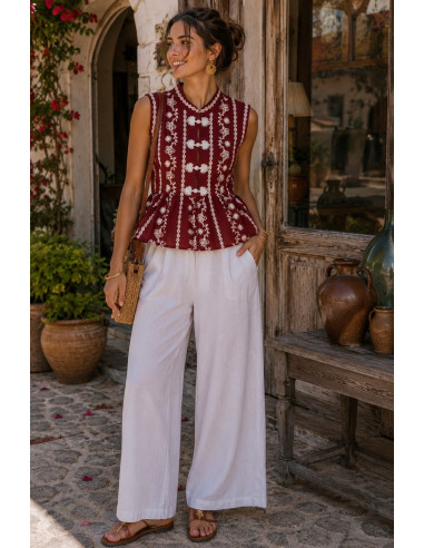 Blusa de lino granate con dibujo en blanco