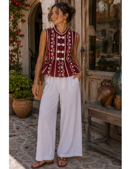 Blusa de lino granate con dibujo en blanco