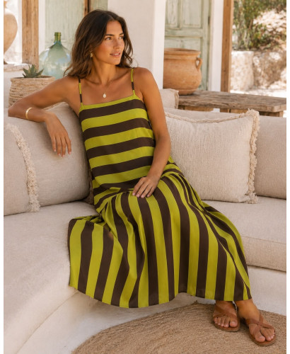 Vestido largo de rayas chocolate y verde con diseño... 2