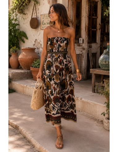 Vestido Palabra de Honor Estampado tonos verdes