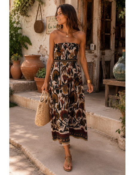 Vestido Palabra de Honor Estampado tonos verdes