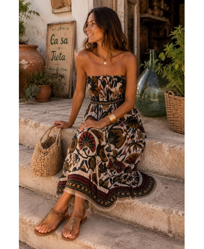 Vestido Palabra de Honor Estampado tonos verdes 2