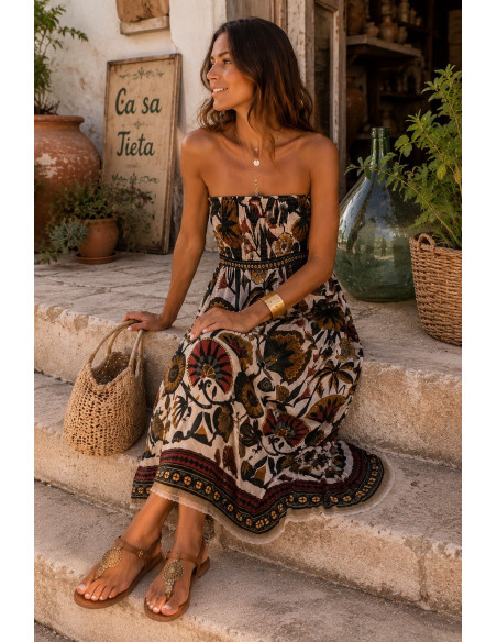 Vestido Palabra de Honor Estampado tonos verdes